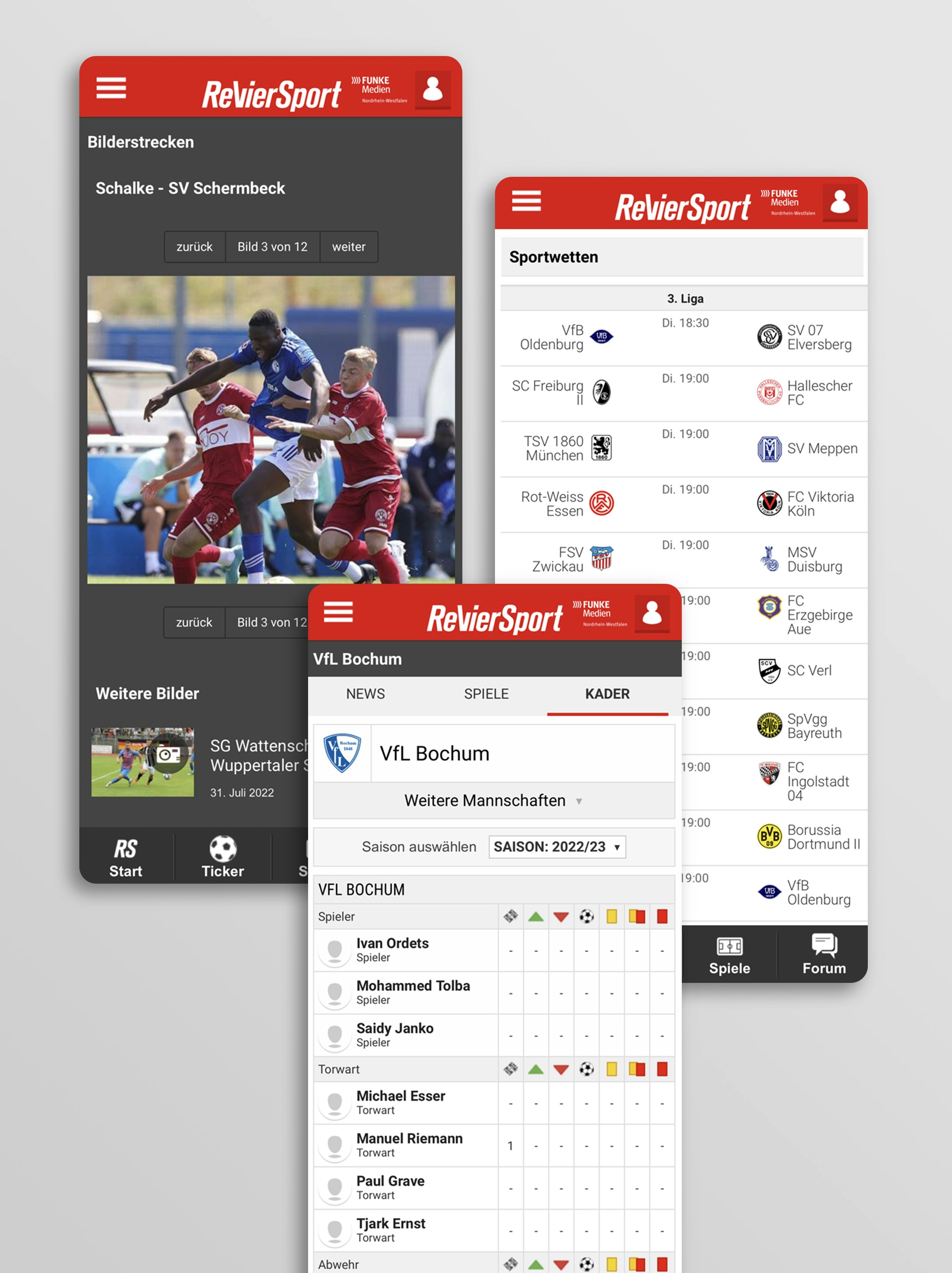 Mockups der mobilen Ansicht von RevierSport mit Tabellen und Spielerübersichten