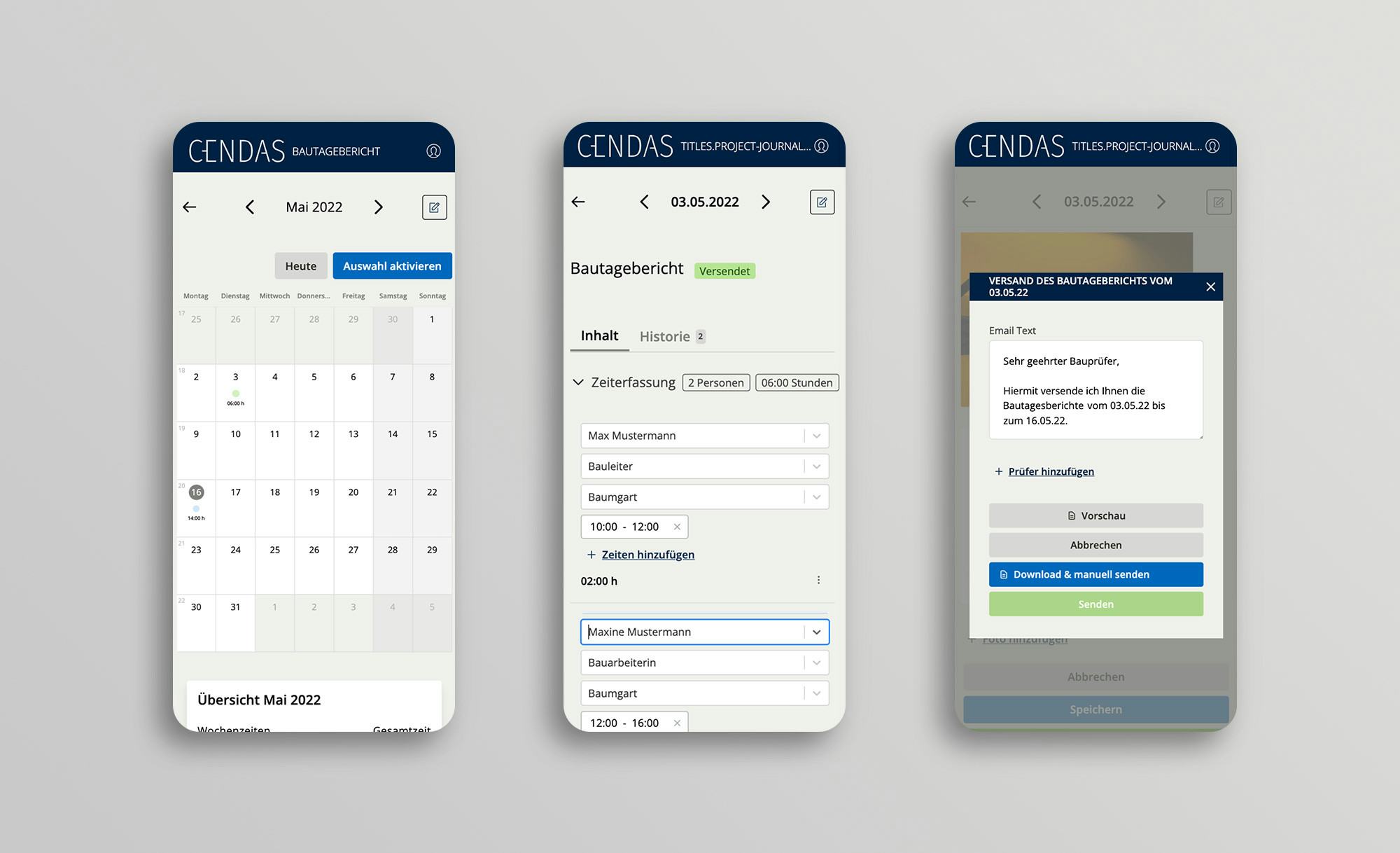 Mobile Ansicht der Software von CENDAS. Auf drei Smartphones sieht man einen Kalender, die Zeiterfassung im Detail und den Versand des Bautageberichts.